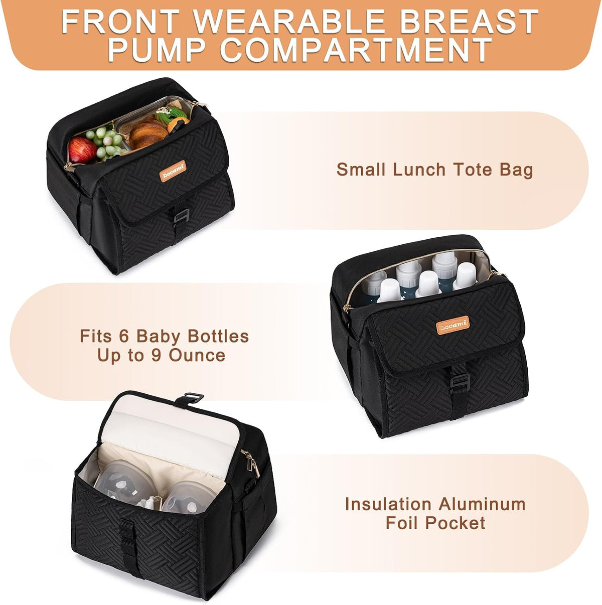 Breast Milk Cooler Bag with Ice Pack Fits 6 Bottles Milk Up to 9 Ounce, Breast Pump Cooler Bag for Nursing Mom Daycare, Work&Travel, Black