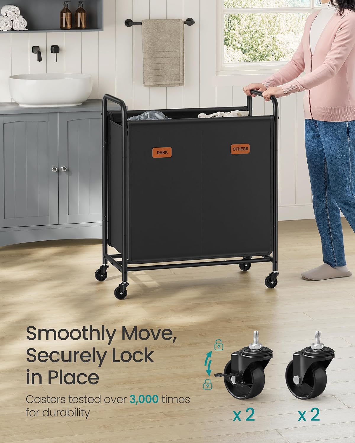 SONGMICS 3-Section Laundry Sorter, with Wheels, Removable Bags