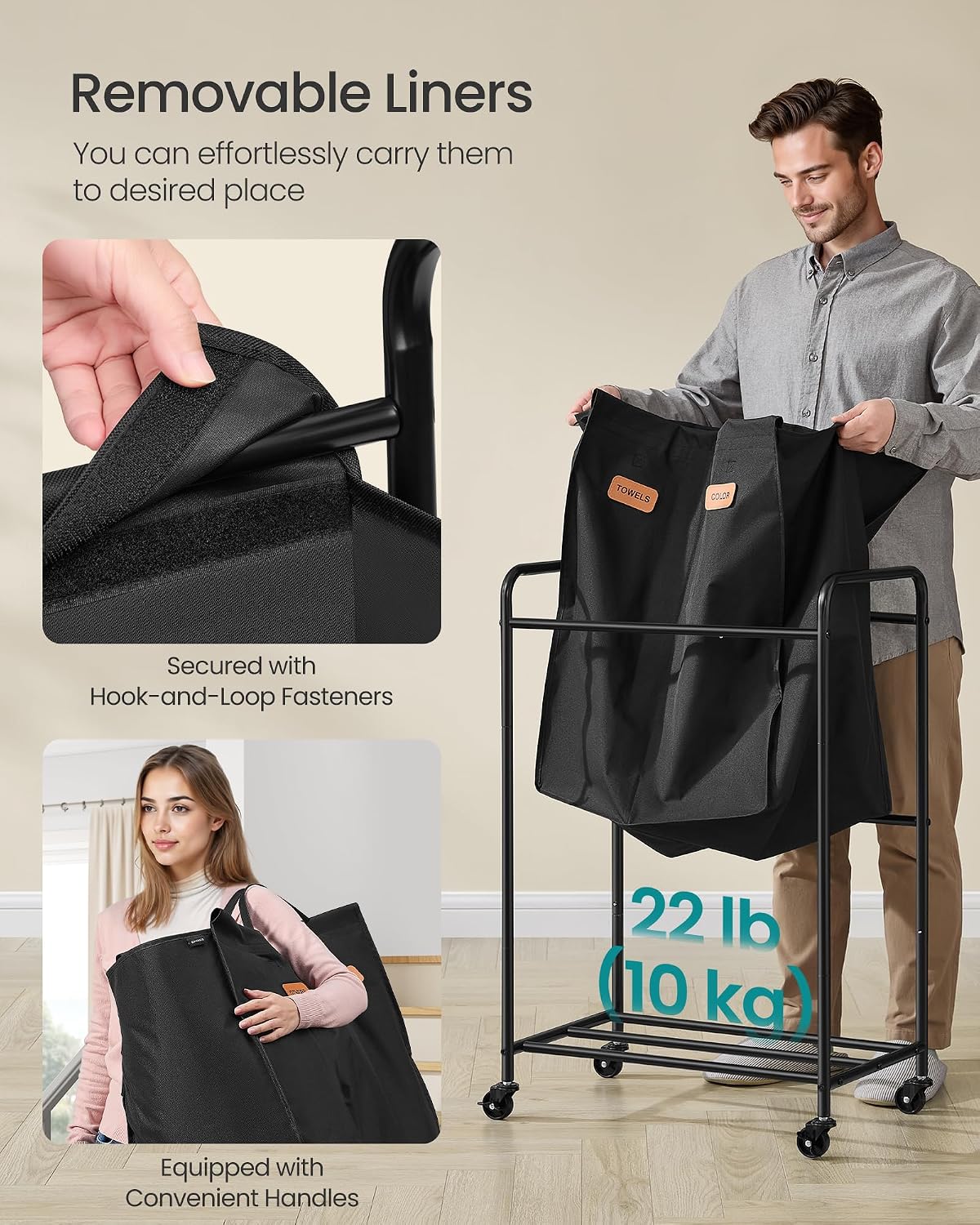 SONGMICS 3-Section Laundry Sorter, with Wheels, Removable Bags