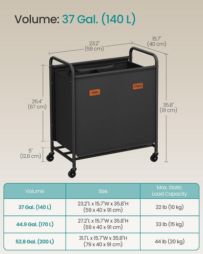 SONGMICS 3-Section Laundry Sorter, with Wheels, Removable Bags