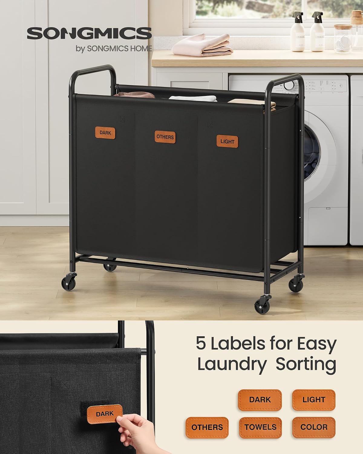 SONGMICS 3-Section Laundry Sorter, with Wheels, Removable Bags