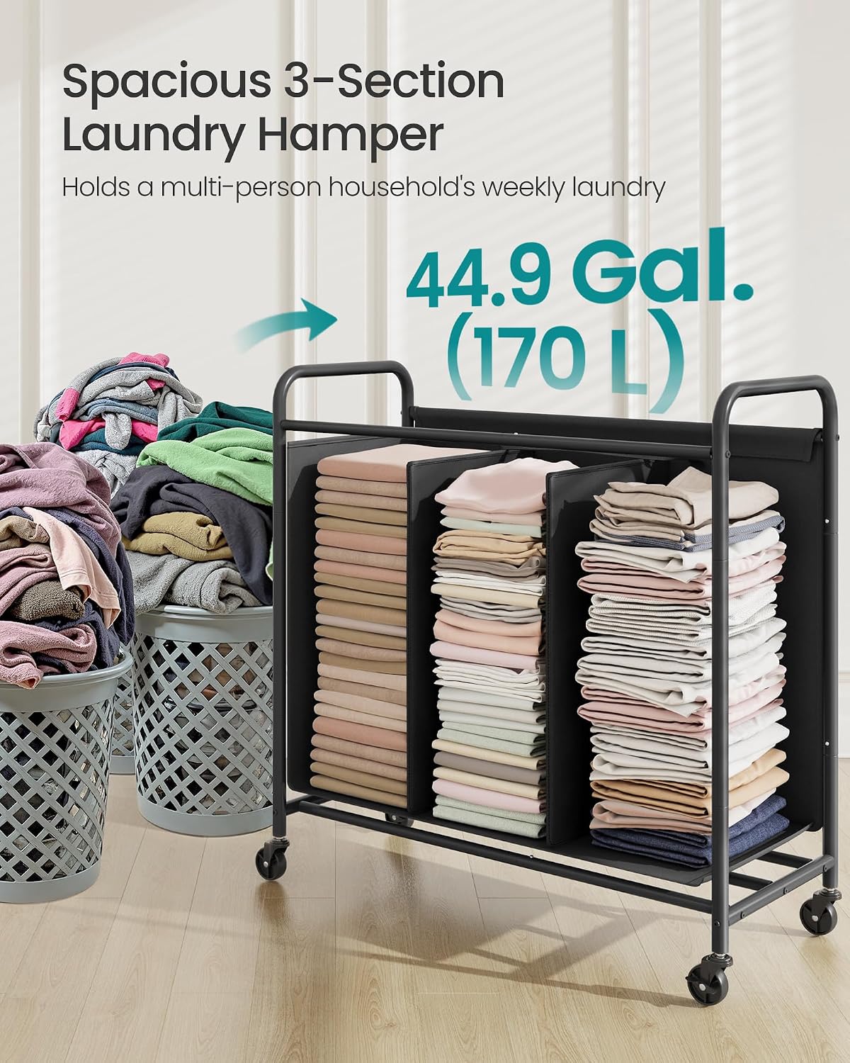 SONGMICS 3-Section Laundry Sorter, with Wheels, Removable Bags