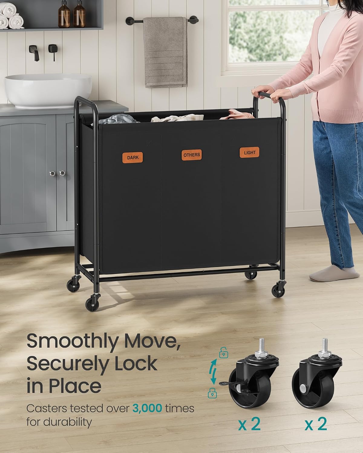 SONGMICS 3-Section Laundry Sorter, with Wheels, Removable Bags