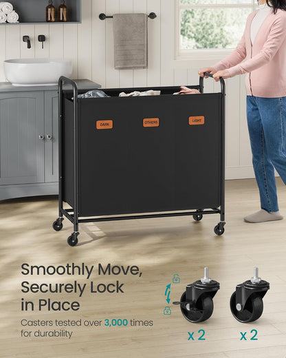 SONGMICS 3-Section Laundry Sorter, with Wheels, Removable Bags