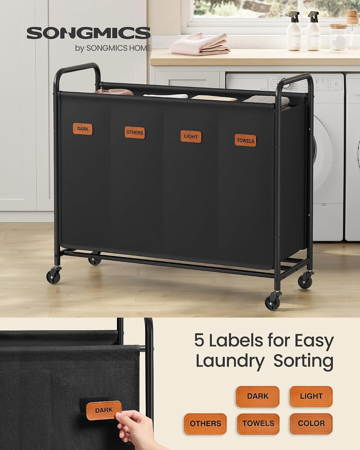 SONGMICS 3-Section Laundry Sorter, with Wheels, Removable Bags