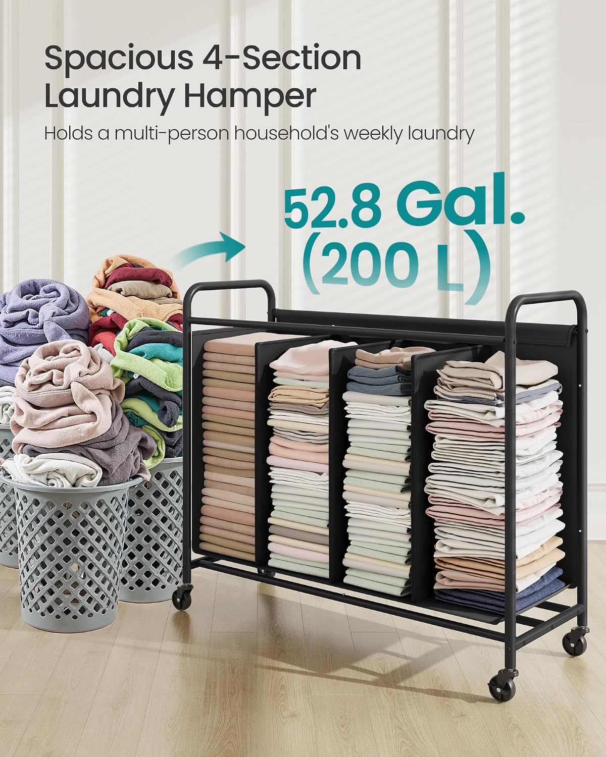 SONGMICS 3-Section Laundry Sorter, with Wheels, Removable Bags