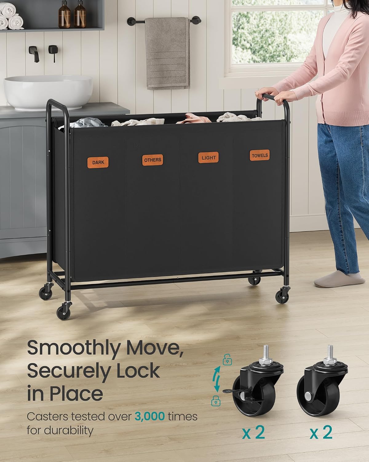 SONGMICS 3-Section Laundry Sorter, with Wheels, Removable Bags