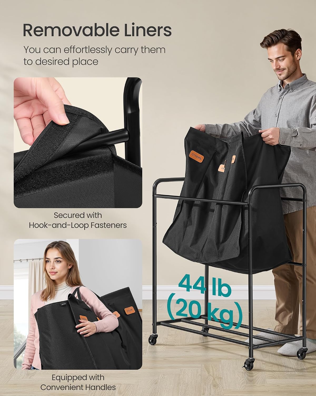SONGMICS 3-Section Laundry Sorter, with Wheels, Removable Bags