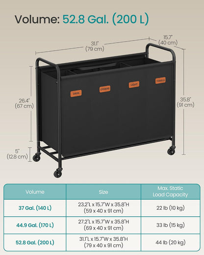 SONGMICS 3-Section Laundry Sorter, with Wheels, Removable Bags
