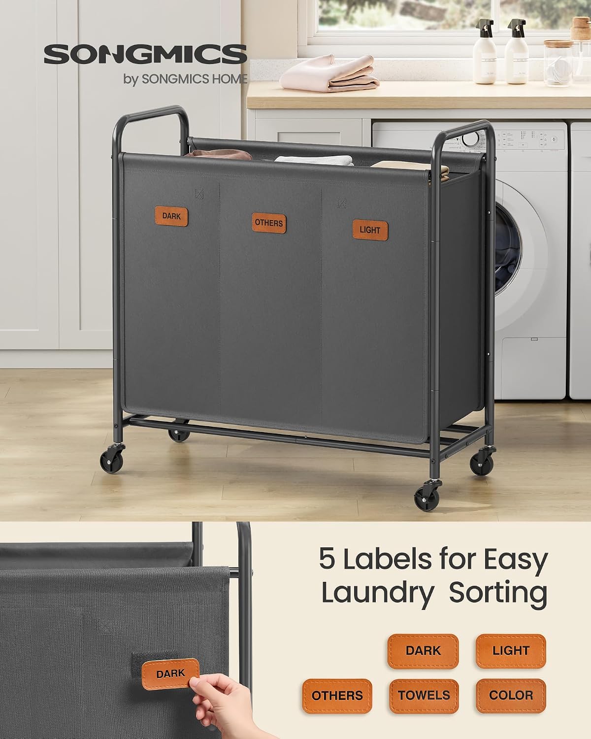 SONGMICS 3-Section Laundry Sorter, with Wheels, Removable Bags