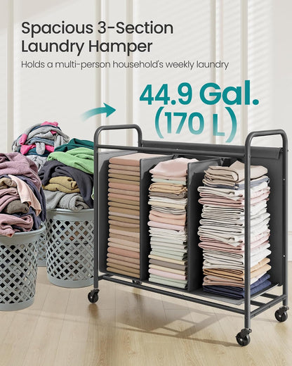 SONGMICS 3-Section Laundry Sorter, with Wheels, Removable Bags