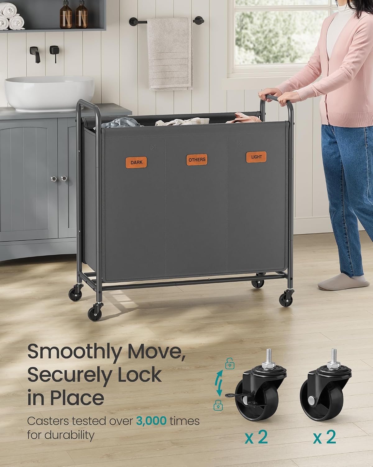 SONGMICS 3-Section Laundry Sorter, with Wheels, Removable Bags