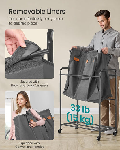 SONGMICS 3-Section Laundry Sorter, with Wheels, Removable Bags