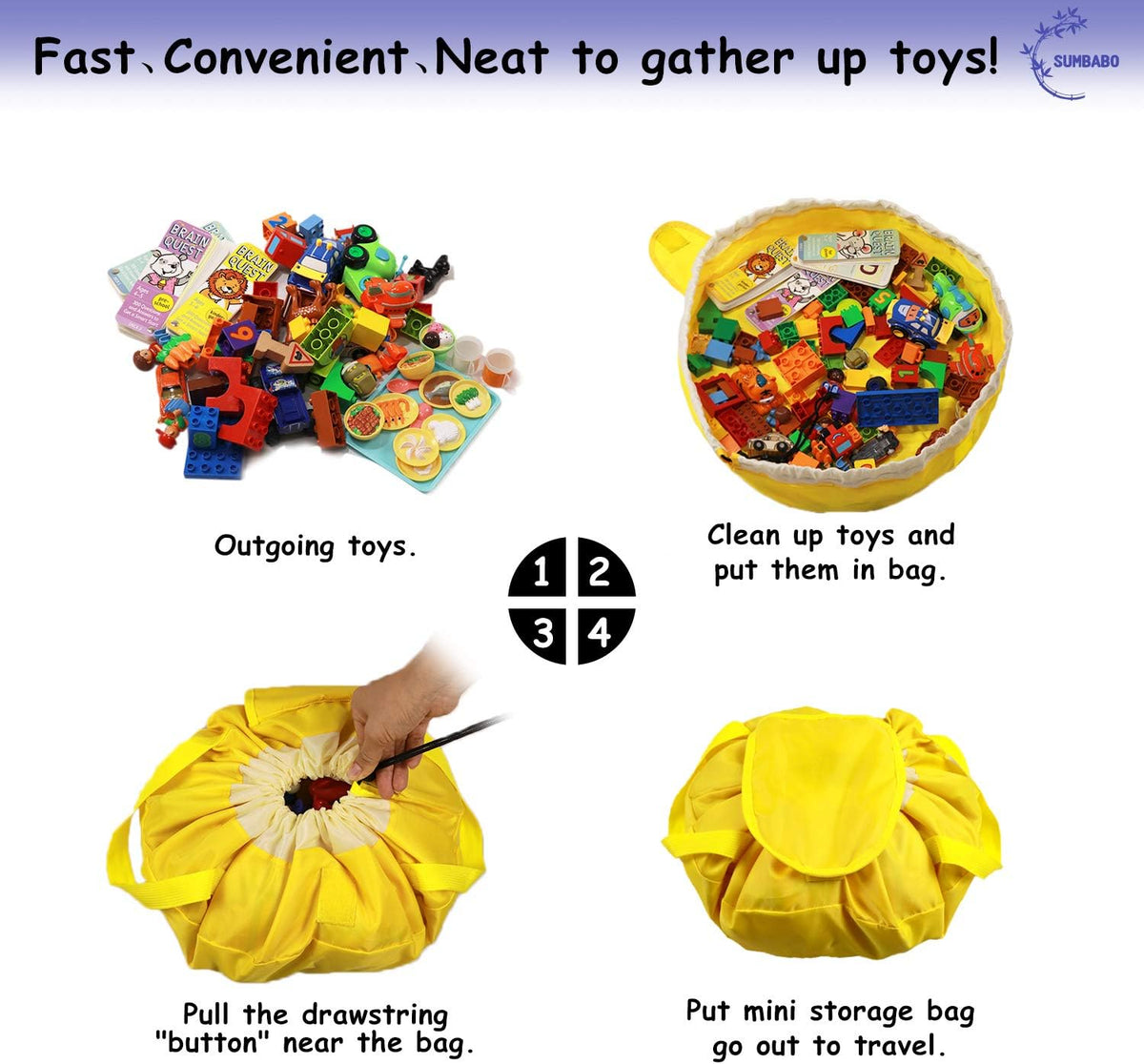 Toy Storage Mat Bag by Drawstring for Lego - Play Mat Bag Toy Storage Container for Kids with Cap can as Gift (2Pcs = Big Blue + Mini Yellow)
