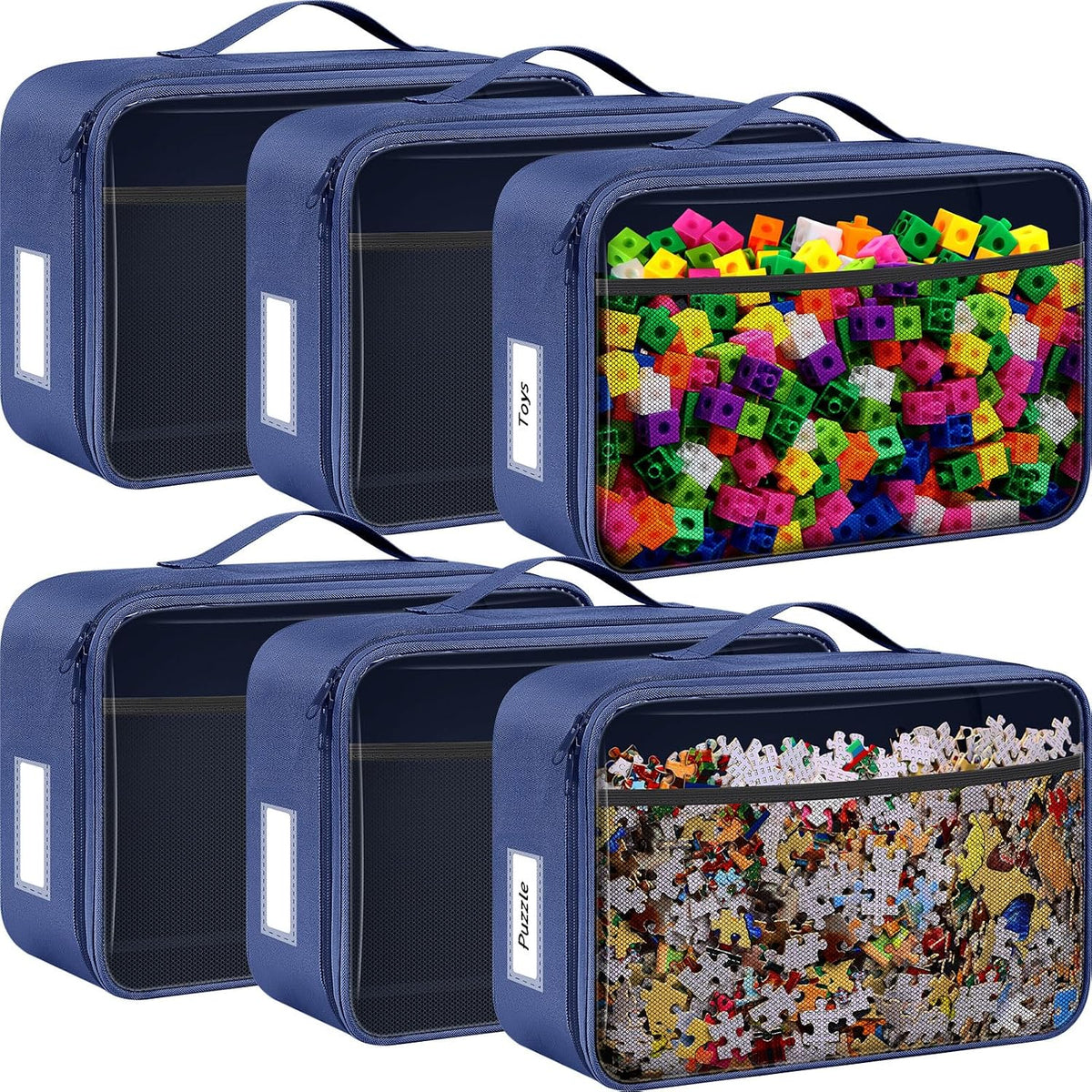 6 Pack Toy Storage Bags for Building Blocks Puzzles Travel,Navy