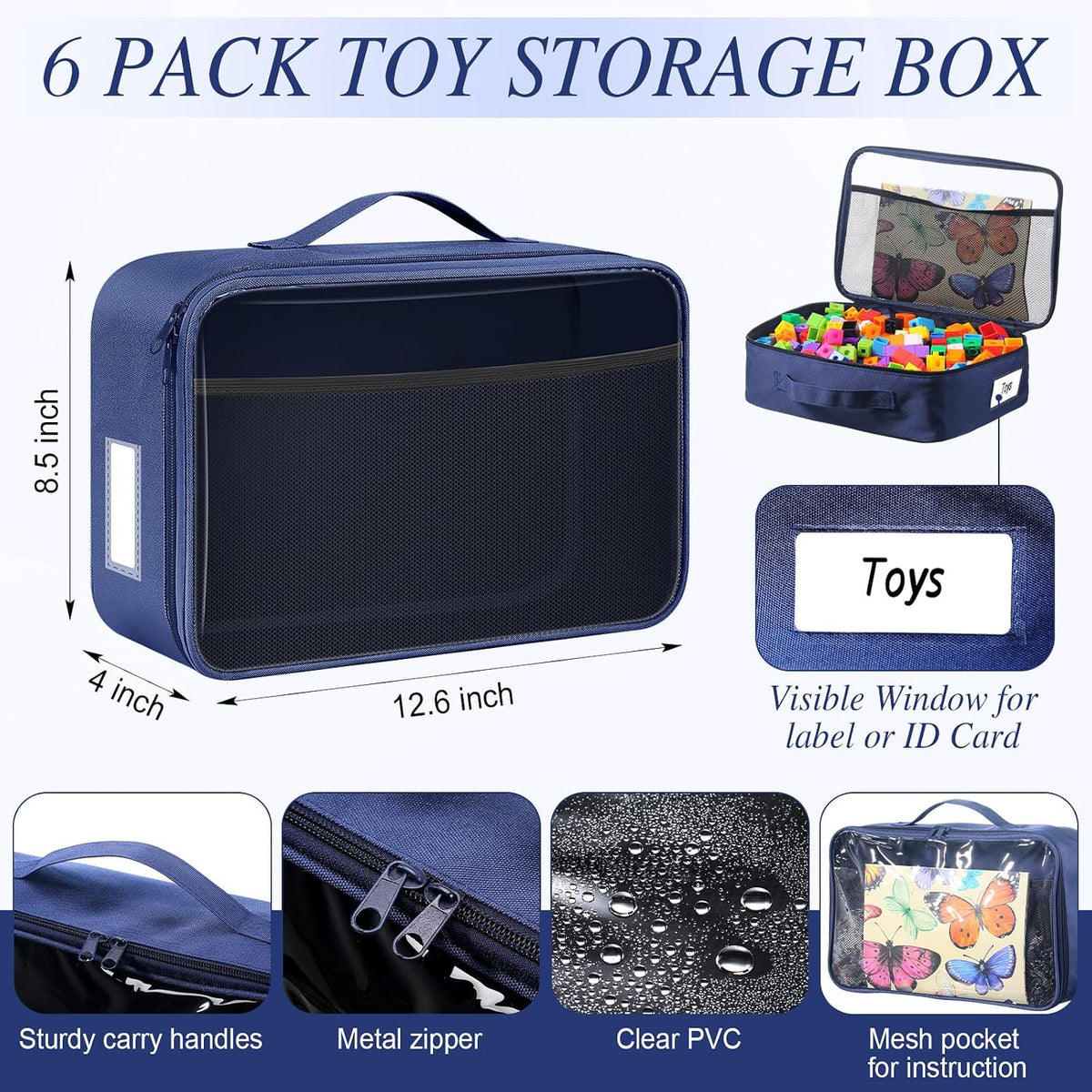 6 Pack Toy Storage Bags for Building Blocks Puzzles Travel,Navy