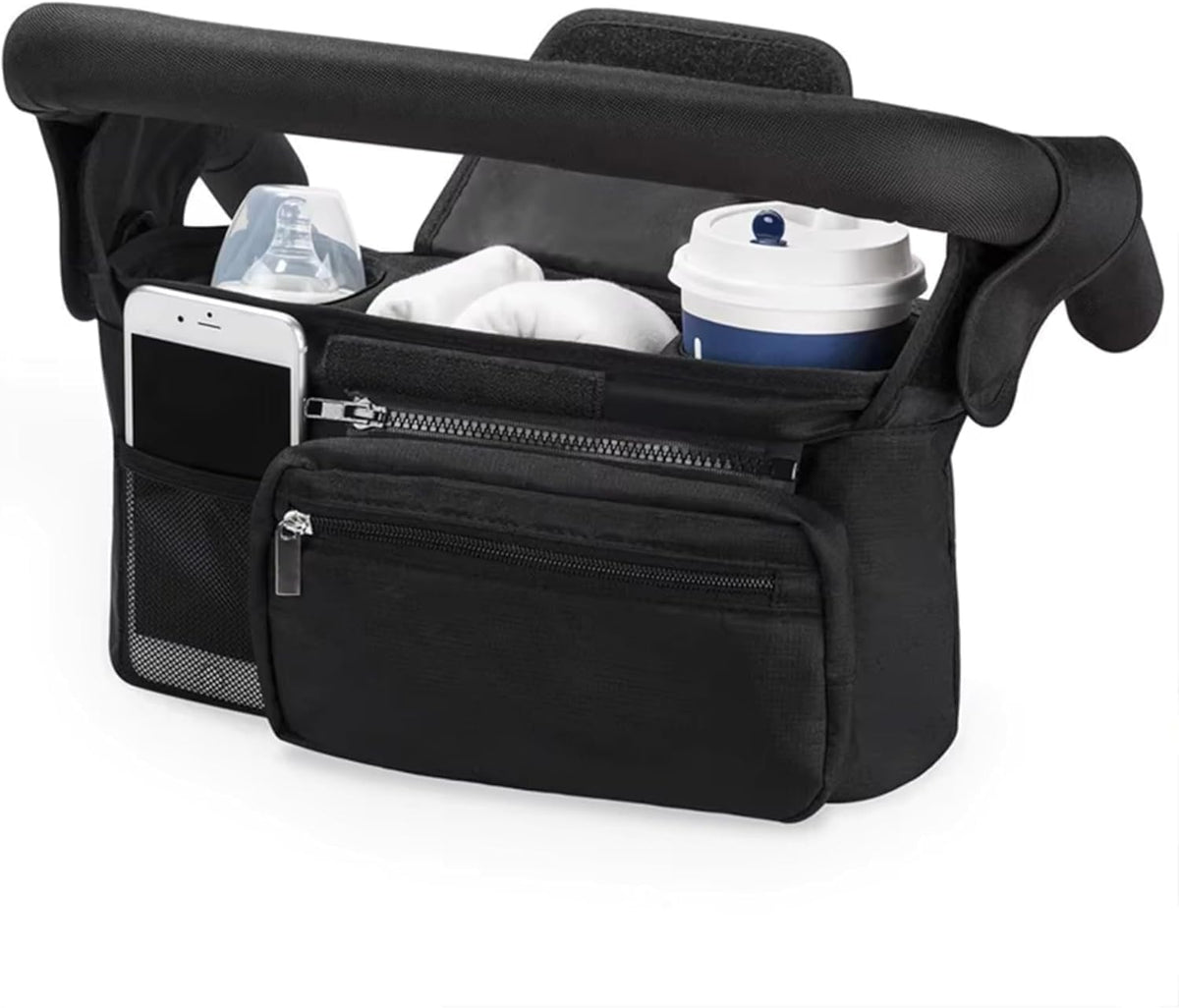 Universal Stroller Organizer with Insulated Cup Holder Detachable Phone Bag and Carry Strap Fits Uppababy, Baby Jogger, Britax, BOB, Umbrella and Pet Stroller and more (Light gray)