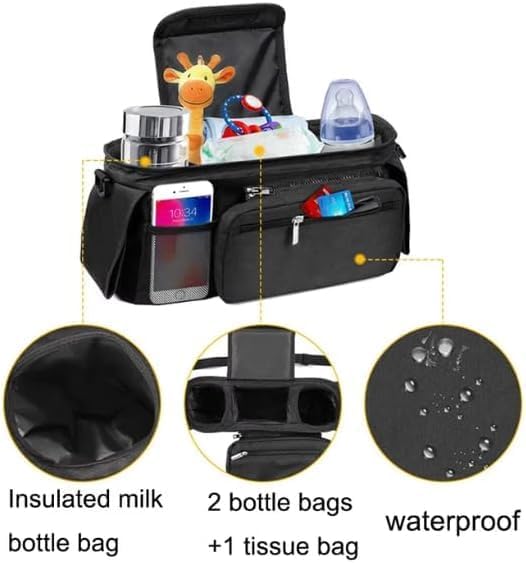 Universal Stroller Organizer with Insulated Cup Holder Detachable Phone Bag and Carry Strap Fits Uppababy, Baby Jogger, Britax, BOB, Umbrella and Pet Stroller and more (Light gray)