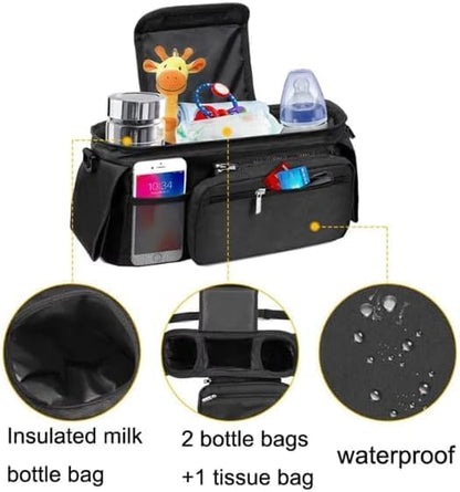 Universal Stroller Organizer with Insulated Cup Holder Detachable Phone Bag and Carry Strap Fits Uppababy, Baby Jogger, Britax, BOB, Umbrella and Pet Stroller and more (Light gray)