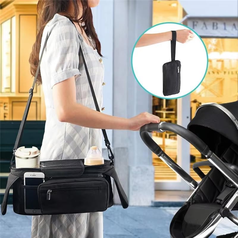 Universal Stroller Organizer with Insulated Cup Holder Detachable Phone Bag and Carry Strap Fits Uppababy, Baby Jogger, Britax, BOB, Umbrella and Pet Stroller and more (Light gray)