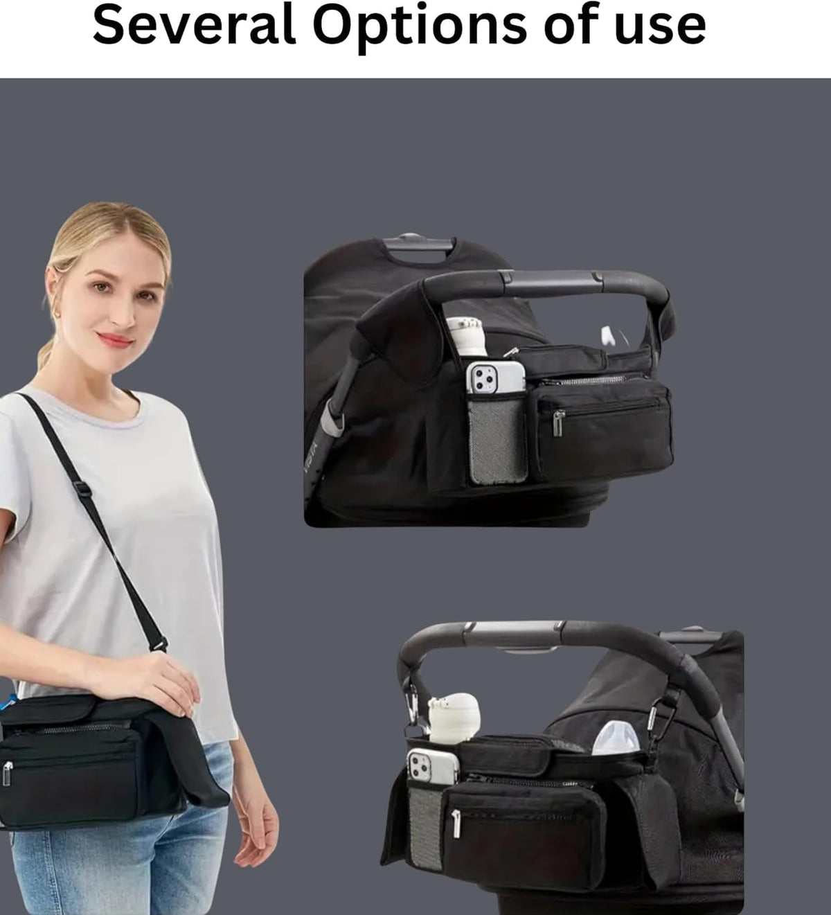 Universal Stroller Organizer with Insulated Cup Holder Detachable Phone Bag and Carry Strap Fits Uppababy, Baby Jogger, Britax, BOB, Umbrella and Pet Stroller and more (Light gray)