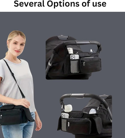 Universal Stroller Organizer with Insulated Cup Holder Detachable Phone Bag and Carry Strap Fits Uppababy, Baby Jogger, Britax, BOB, Umbrella and Pet Stroller and more (Light gray)