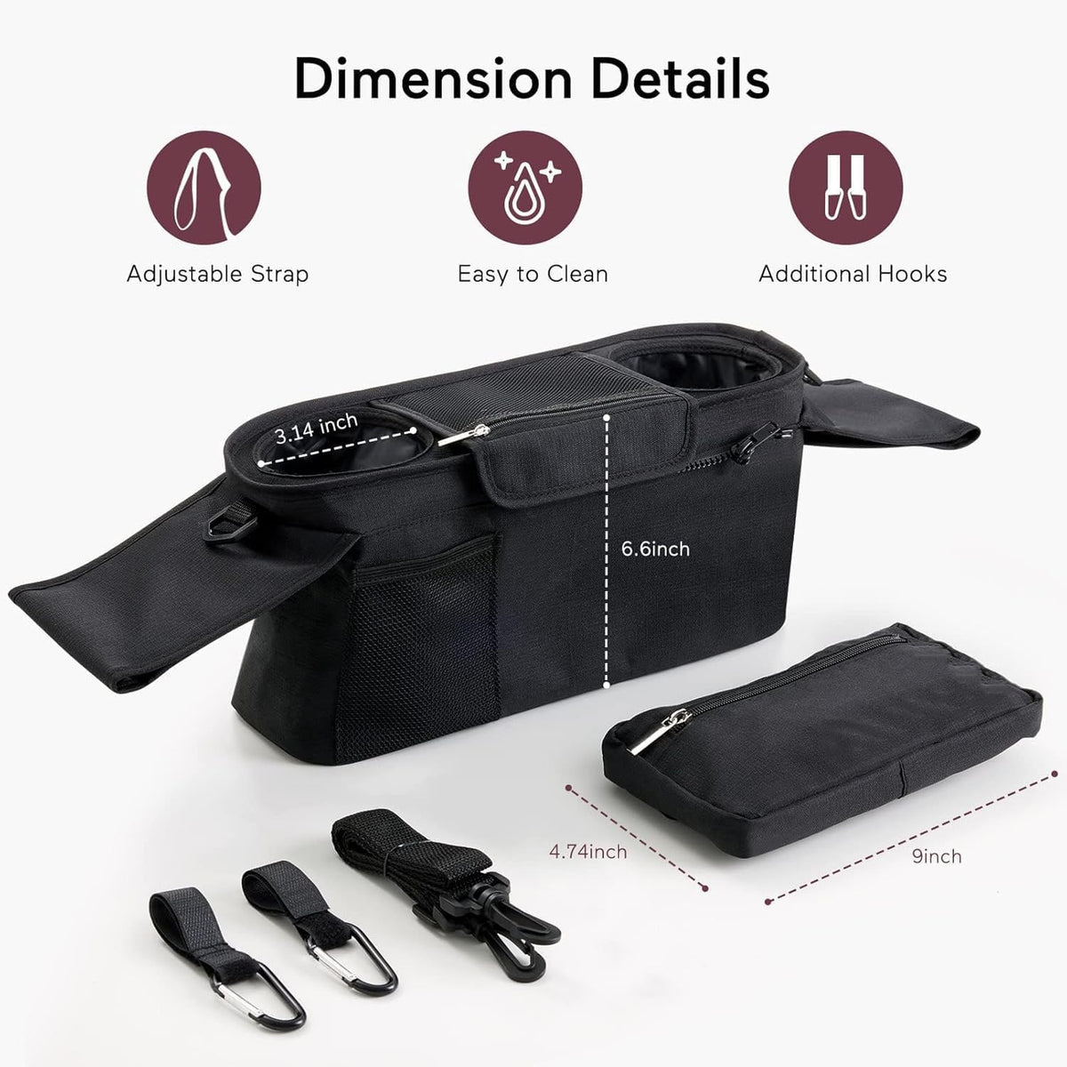 Universal Stroller Organizer with Insulated Cup Holder Detachable Phone Bag and Carry Strap Fits Uppababy, Baby Jogger, Britax, BOB, Umbrella and Pet Stroller and more (Light gray)
