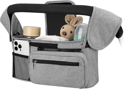 Universal Stroller Organizer with Insulated Cup Holder Detachable Phone Bag and Carry Strap Fits Uppababy, Baby Jogger, Britax, BOB, Umbrella and Pet Stroller and more (Light gray)