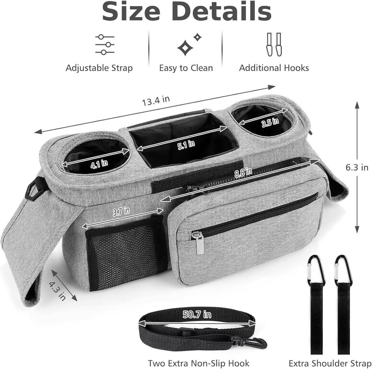 Universal Stroller Organizer with Insulated Cup Holder Detachable Phone Bag and Carry Strap Fits Uppababy, Baby Jogger, Britax, BOB, Umbrella and Pet Stroller and more (Light gray)