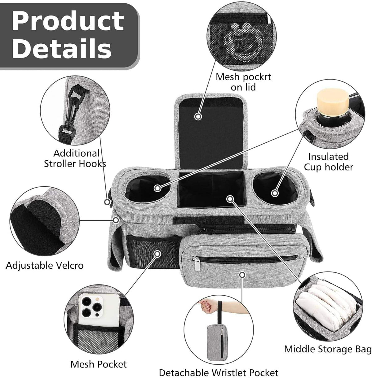 Universal Stroller Organizer with Insulated Cup Holder Detachable Phone Bag and Carry Strap Fits Uppababy, Baby Jogger, Britax, BOB, Umbrella and Pet Stroller and more (Light gray)