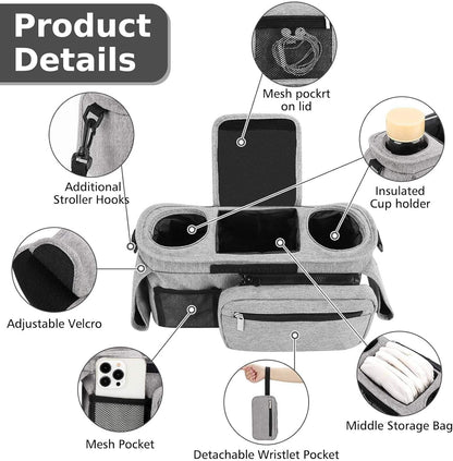 Universal Stroller Organizer with Insulated Cup Holder Detachable Phone Bag and Carry Strap Fits Uppababy, Baby Jogger, Britax, BOB, Umbrella and Pet Stroller and more (Light gray)