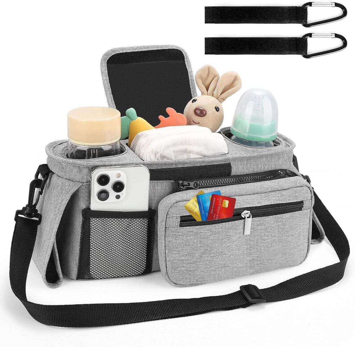 Universal Stroller Organizer with Insulated Cup Holder Detachable Phone Bag and Carry Strap Fits Uppababy, Baby Jogger, Britax, BOB, Umbrella and Pet Stroller and more (Light gray)
