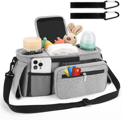 Universal Stroller Organizer with Insulated Cup Holder Detachable Phone Bag and Carry Strap Fits Uppababy, Baby Jogger, Britax, BOB, Umbrella and Pet Stroller and more (Light gray)