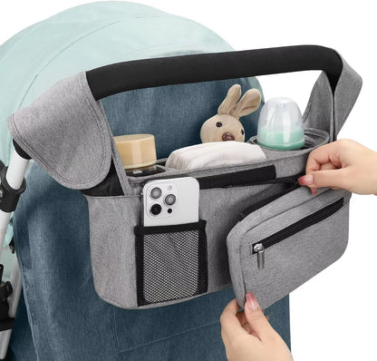 Universal Stroller Organizer with Insulated Cup Holder Detachable Phone Bag and Carry Strap Fits Uppababy, Baby Jogger, Britax, BOB, Umbrella and Pet Stroller and more (Light gray)