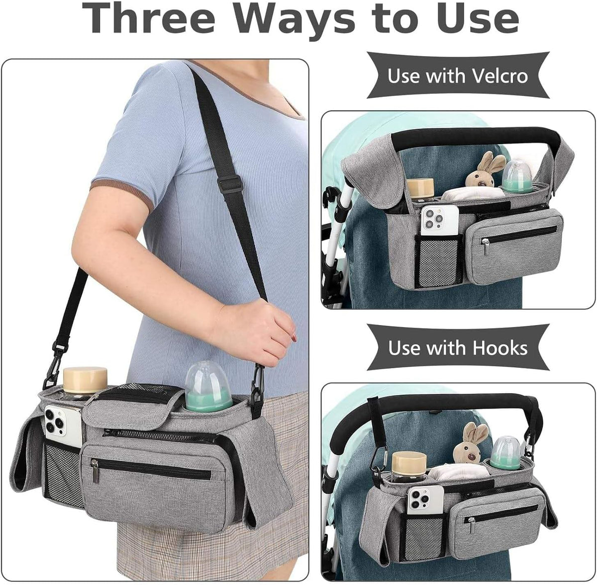 Universal Stroller Organizer with Insulated Cup Holder Detachable Phone Bag and Carry Strap Fits Uppababy, Baby Jogger, Britax, BOB, Umbrella and Pet Stroller and more (Light gray)