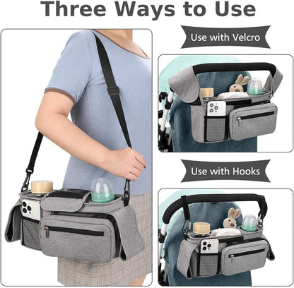 Universal Stroller Organizer with Insulated Cup Holder Detachable Phone Bag and Carry Strap Fits Uppababy, Baby Jogger, Britax, BOB, Umbrella and Pet Stroller and more (Light gray)