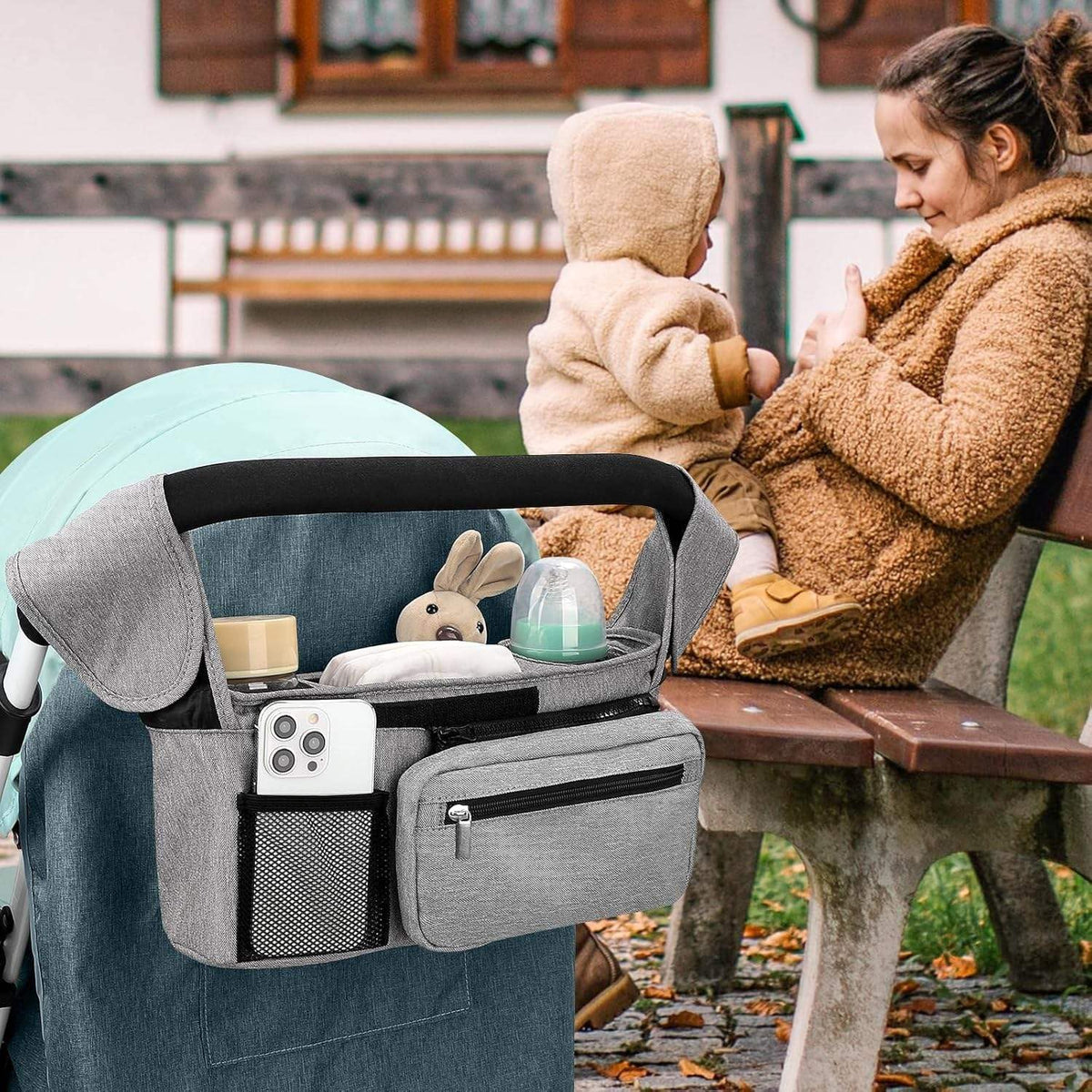 Universal Stroller Organizer with Insulated Cup Holder Detachable Phone Bag and Carry Strap Fits Uppababy, Baby Jogger, Britax, BOB, Umbrella and Pet Stroller and more (Light gray)