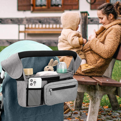 Universal Stroller Organizer with Insulated Cup Holder Detachable Phone Bag and Carry Strap Fits Uppababy, Baby Jogger, Britax, BOB, Umbrella and Pet Stroller and more (Light gray)