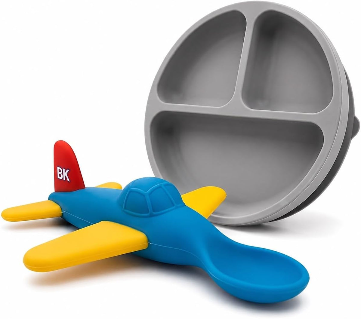 Airplane Baby Spoon and Suction Plate Set - BPA Free Silicone Self Feeding Utensils for Baby Led Weaning, Picky Eaters and Travel - First Stage Toddler Dishes and Bowls 6-18 Months