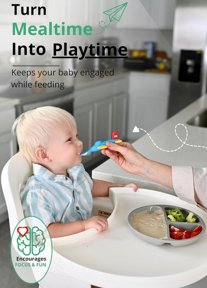 Airplane Baby Spoon and Suction Plate Set - BPA Free Silicone Self Feeding Utensils for Baby Led Weaning, Picky Eaters and Travel - First Stage Toddler Dishes and Bowls 6-18 Months