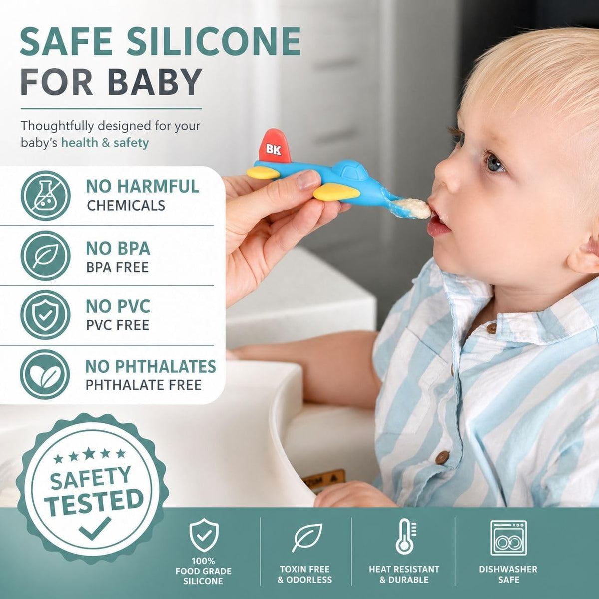 Airplane Baby Spoon and Suction Plate Set - BPA Free Silicone Self Feeding Utensils for Baby Led Weaning, Picky Eaters and Travel - First Stage Toddler Dishes and Bowls 6-18 Months