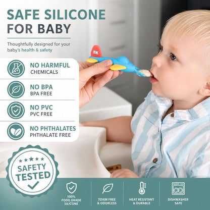 Airplane Baby Spoon and Suction Plate Set - BPA Free Silicone Self Feeding Utensils for Baby Led Weaning, Picky Eaters and Travel - First Stage Toddler Dishes and Bowls 6-18 Months
