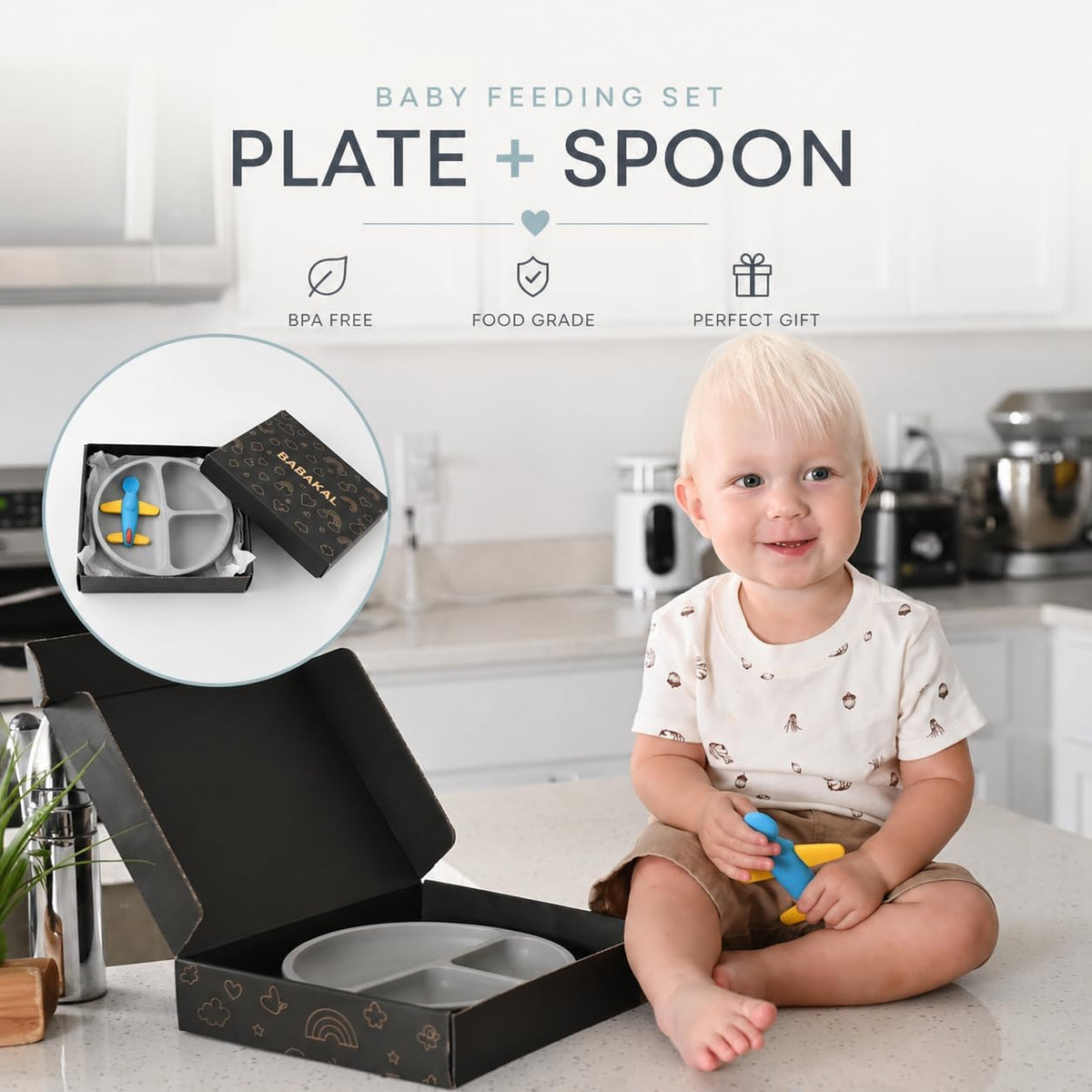 Airplane Baby Spoon and Suction Plate Set - BPA Free Silicone Self Feeding Utensils for Baby Led Weaning, Picky Eaters and Travel - First Stage Toddler Dishes and Bowls 6-18 Months