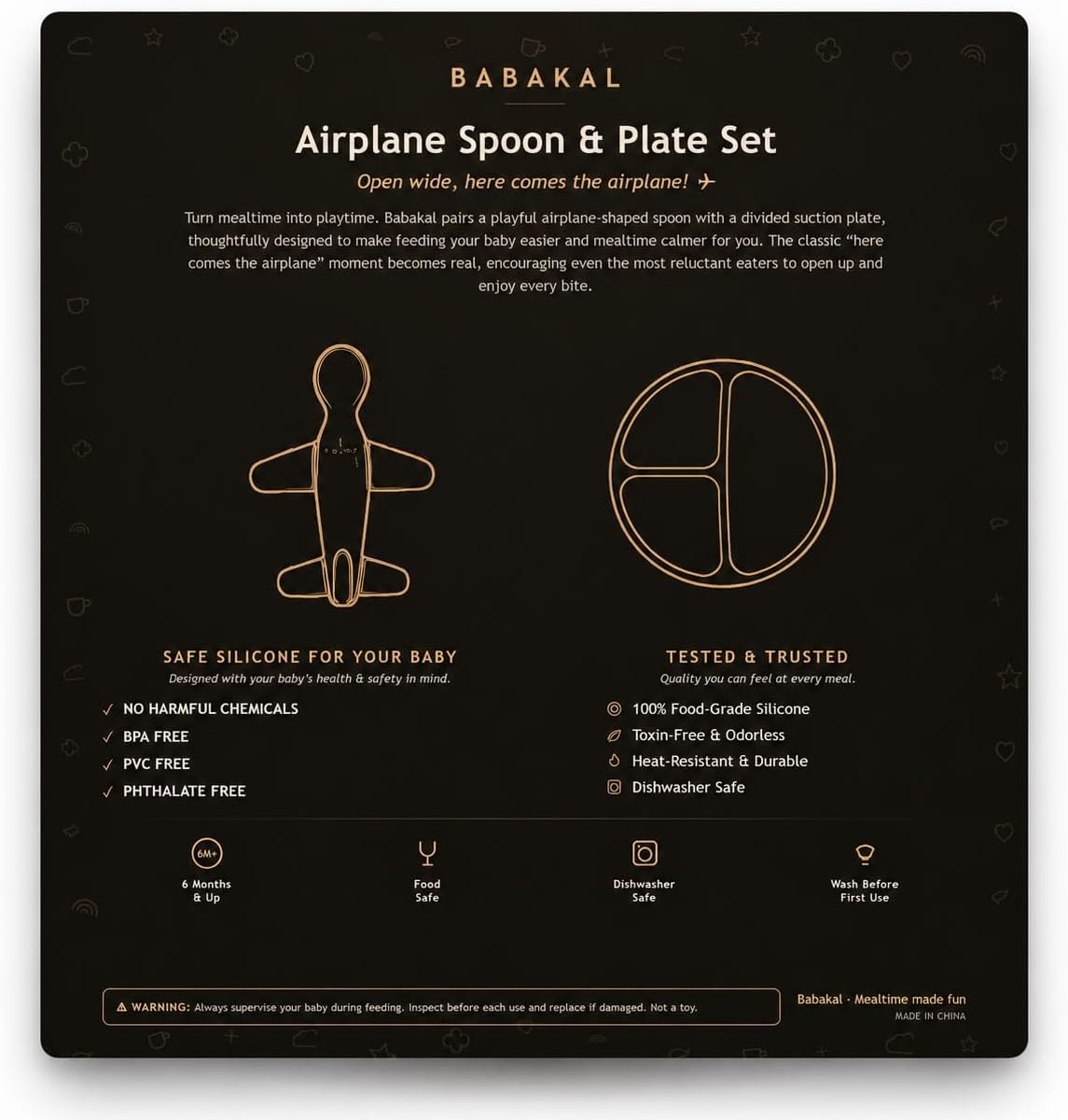 Airplane Baby Spoon and Suction Plate Set - BPA Free Silicone Self Feeding Utensils for Baby Led Weaning, Picky Eaters and Travel - First Stage Toddler Dishes and Bowls 6-18 Months