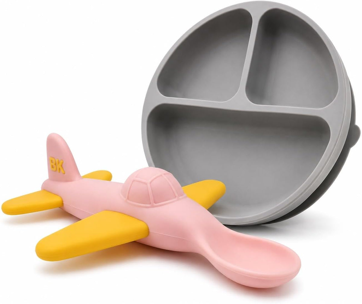 Airplane Baby Spoon and Suction Plate Set - BPA Free Silicone Self Feeding Utensils for Baby Led Weaning, Picky Eaters and Travel - First Stage Toddler Dishes and Bowls 6-18 Months