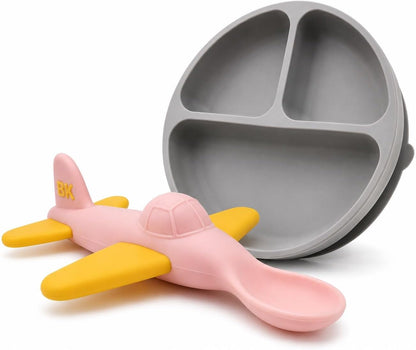 Airplane Baby Spoon and Suction Plate Set - BPA Free Silicone Self Feeding Utensils for Baby Led Weaning, Picky Eaters and Travel - First Stage Toddler Dishes and Bowls 6-18 Months