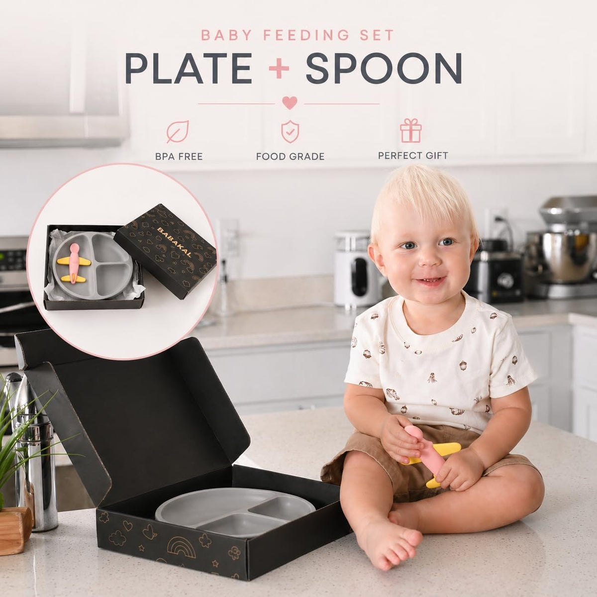 Airplane Baby Spoon and Suction Plate Set - BPA Free Silicone Self Feeding Utensils for Baby Led Weaning, Picky Eaters and Travel - First Stage Toddler Dishes and Bowls 6-18 Months