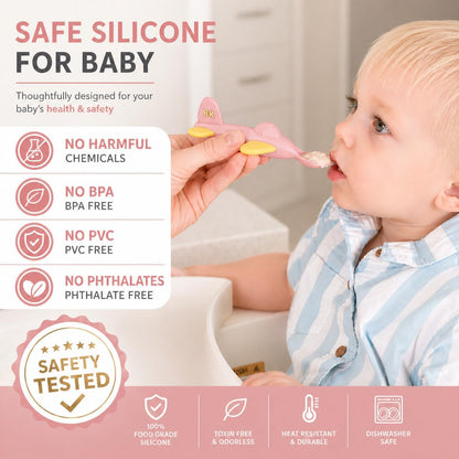 Airplane Baby Spoon and Suction Plate Set - BPA Free Silicone Self Feeding Utensils for Baby Led Weaning, Picky Eaters and Travel - First Stage Toddler Dishes and Bowls 6-18 Months
