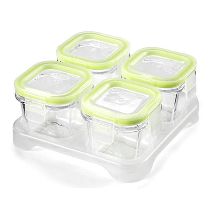 4-Pack Glass Baby Food Storage Containers with Airtight Lids and Stackable Tray (Green, 3 OZ Each) - Small Freezer Storage Containers for Baby On The Go - Air Tight Food Storage Containers