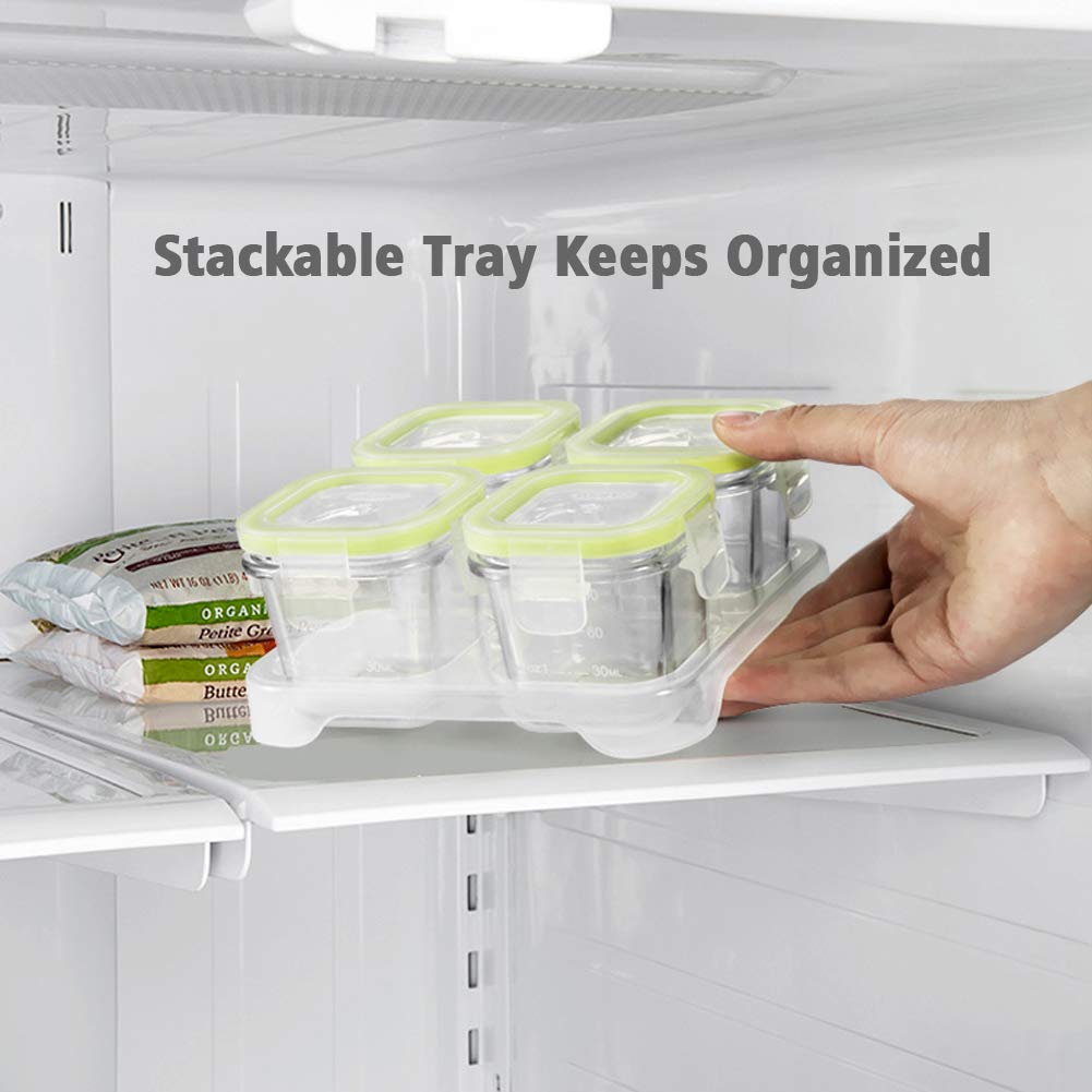4-Pack Glass Baby Food Storage Containers with Airtight Lids and Stackable Tray (Green, 3 OZ Each) - Small Freezer Storage Containers for Baby On The Go - Air Tight Food Storage Containers